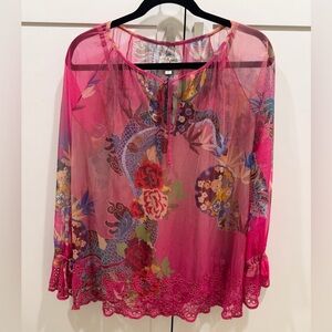 Johnny Was Mazzy Floral Print Embroidered Mesh Split V Neck Peasant Blouse XS